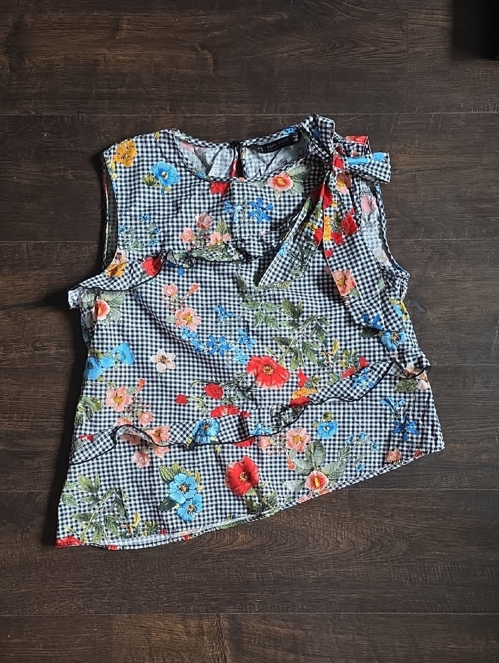 Zara Asymmetrical Sleeveless Floral Gingham Tie-Neck Top - Multicolor